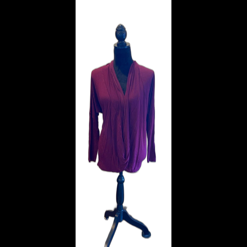 Liz Claiborne Blouse Size Large Top Wine Burgundy Color Faux Wrap + Stretch‎